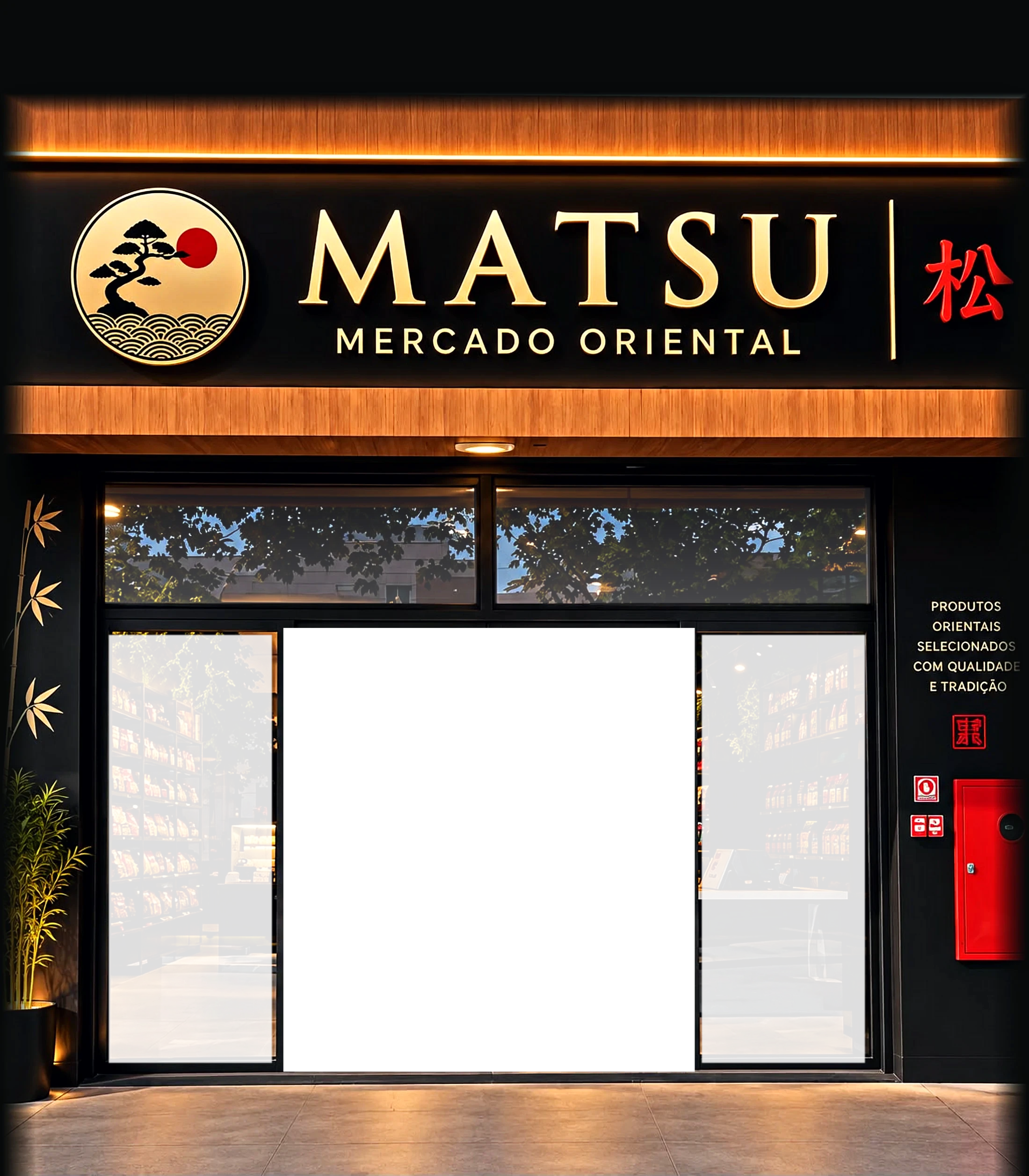 Ilustração da fachada da Matsu Mercado Oriental, com o letreiro da marca e portas de vidro.